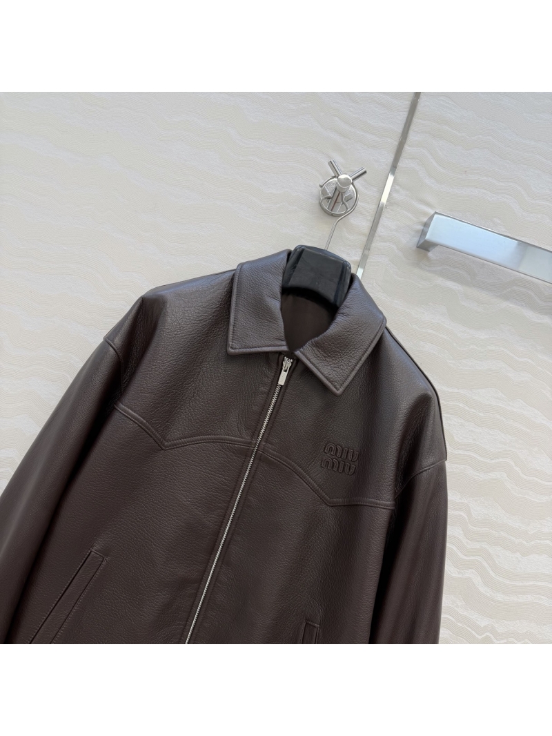 Miu Miu 100% New Zealand Goatskin Leather Vintage Biker Jacket in Chocolate Brown