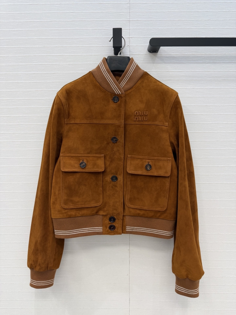 Miu Miu Canelé Brown 100% Suede Lambskin Cropped Jacket with Varsity Ribbed Trim