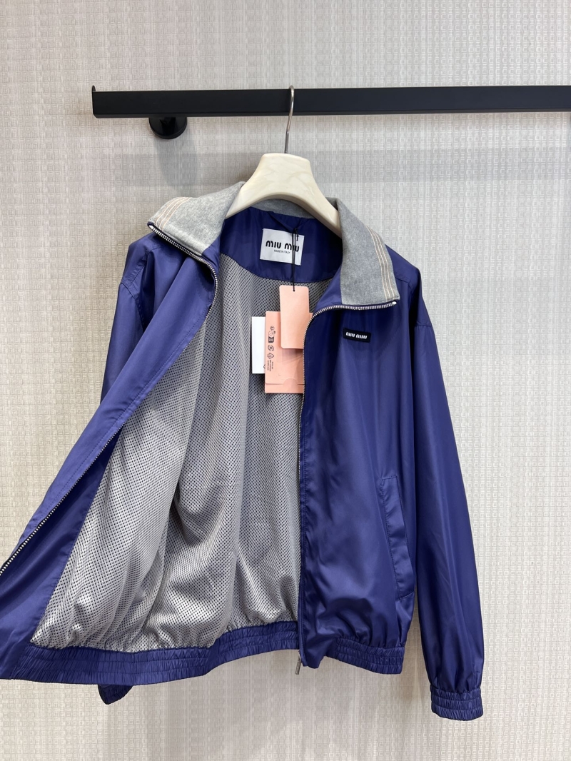 Miu Miu Zip-up Windbreaker Jacket in Deep Royal Purple - Matte Windproof Nylon, Contrasting Ribbed Collar, Relaxed Fit, Made in Italy