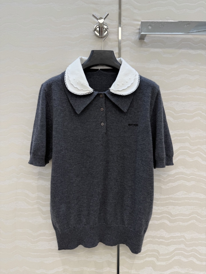 Miu Miu 100% Imported Wool Knit Polo Top with Detachable Embroidered Lace Collar