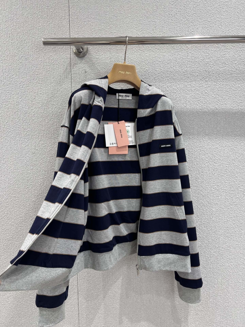 Miu Miu Striped Cotton-Blend Zip-Up Hoodie in Navy and Heather Gray