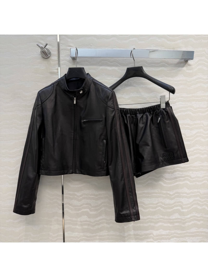Miu Miu 100% Imported Vegetable-Tanned Lambskin Cropped Flight Jacket with Contrast Webbing