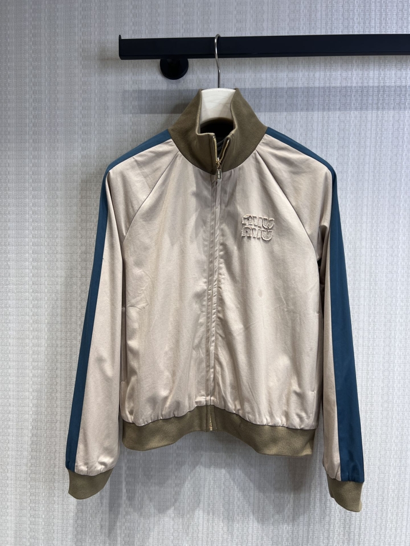 Miu Miu Khaki Retro Logo Zip-Up Jacket with Contrast Stripes