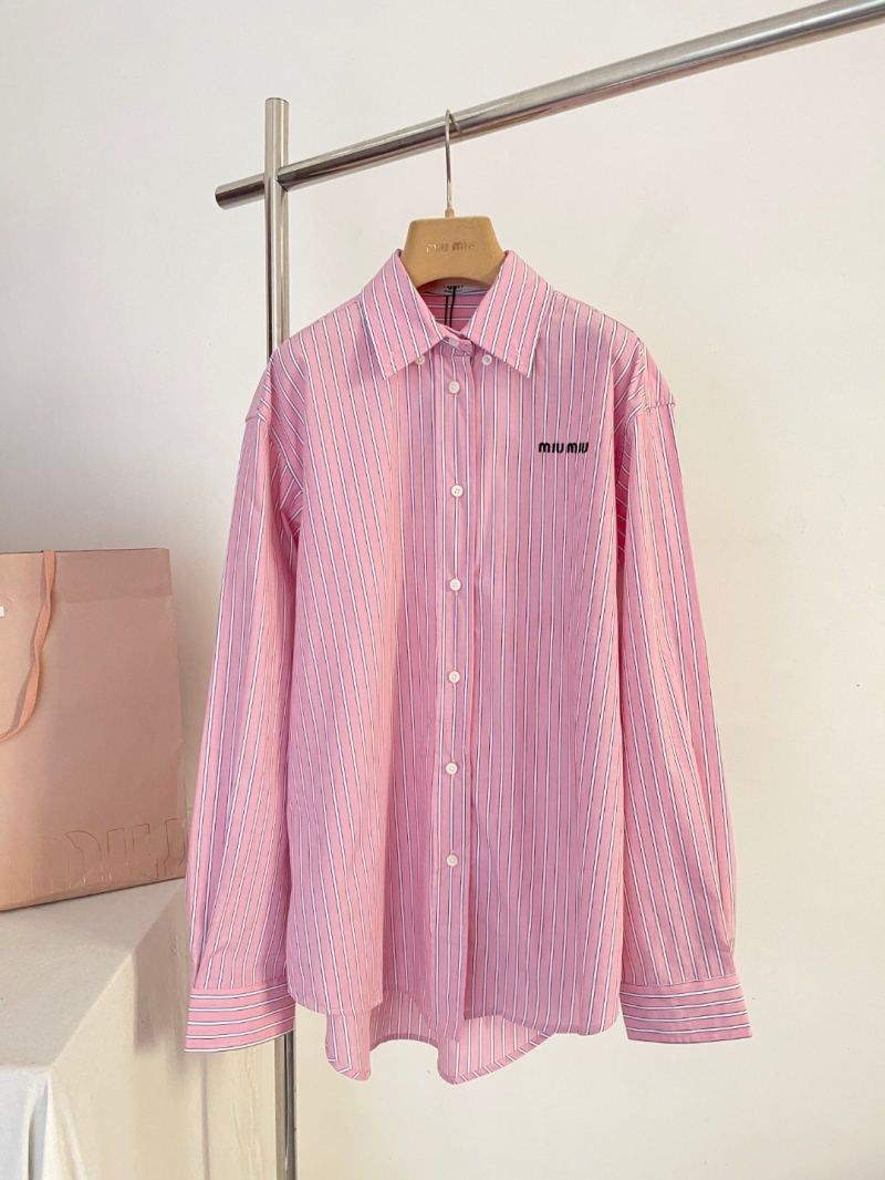 Miu Miu Embroidered Logo Striped Cotton Poplin Shirt in Candy Pink
