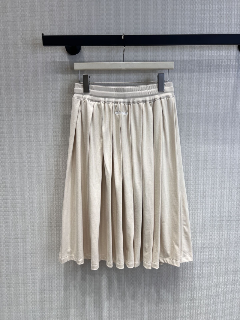 Miu Miu Drawstring Pleated Midi Skirt in Oatmeal Beige - High-Count Cotton Blend, Tonal Logo Embroidery, Relaxed Fit