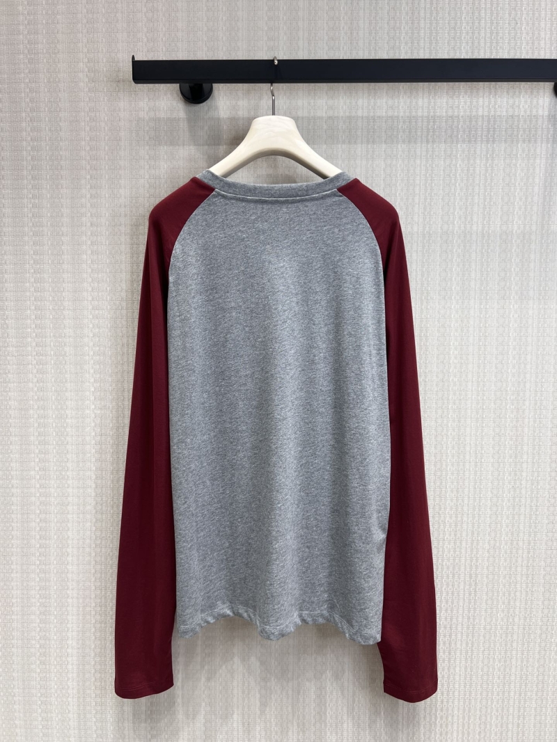Miu Miu Raglan Henley Shirt - Tonal Logo Embroidery Jersey Knit - Gray/Burgundy