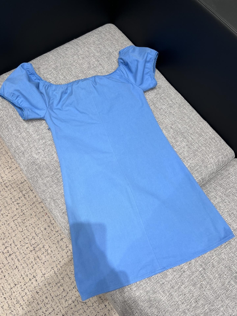 Miu Miu Sky Blue Off-The-Shoulder Puffed Sleeve Mini Dress