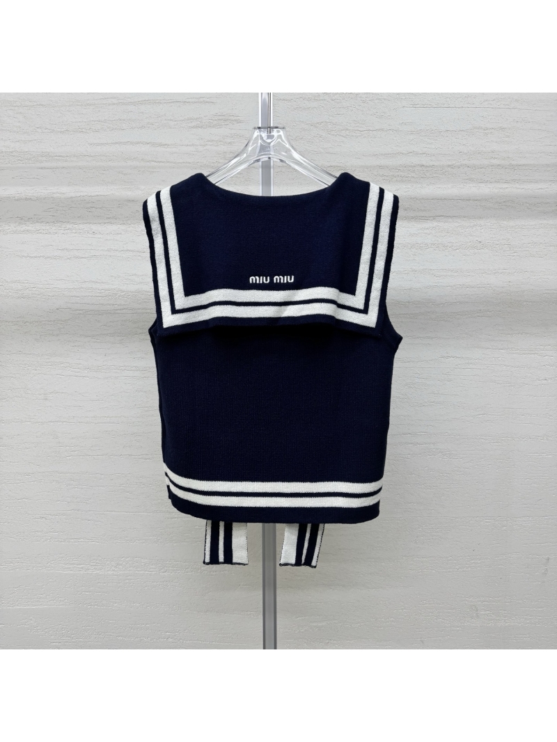 Miu Miu Sailor Collar Ribbed Knit Vest in Navy Blue