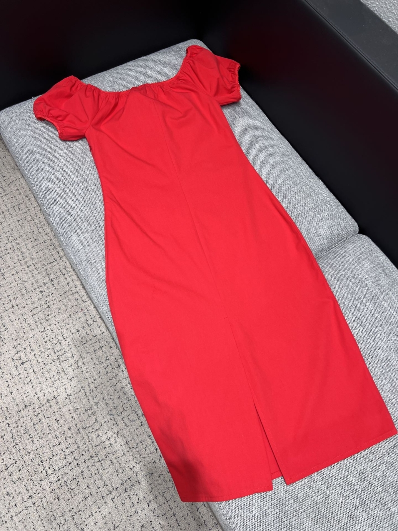 Miu Miu Red Midi Puff-Sleeve Off-the-Shoulder Dress 26SS Early Spring Collection