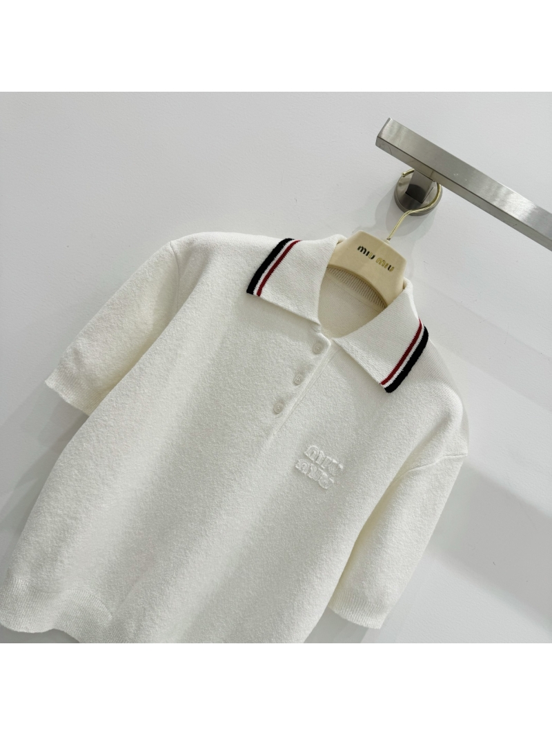 Miu Miu Signature Embroidered Knit Polo Shirt in Cream Ivory