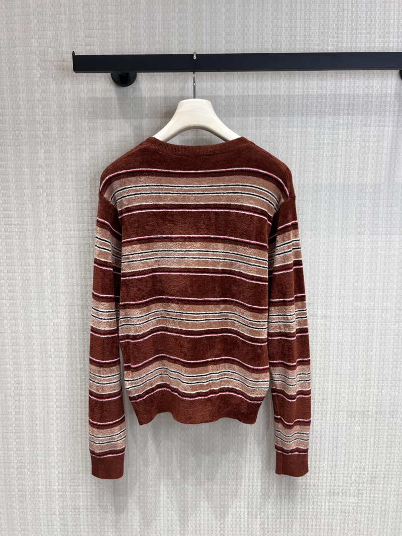 Miu Miu Contrast Stripe Velvet-Texture Crewneck Knit Top in Caramel Brown