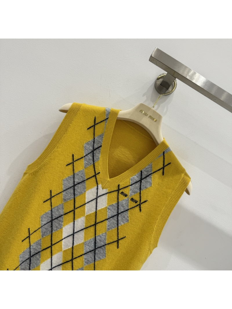 Miu Miu Argyle Cashmere V-Neck Sweater Vest in Mustard Yellow
