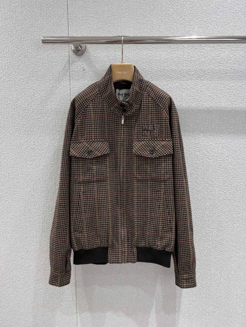 Miu Miu Houndstooth Wool Leisure Jacket in Caramel Brown