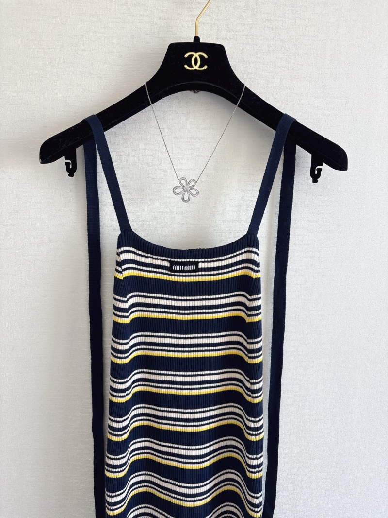 Miu Miu Striped Backless Knit Mini Dress in Navy, Yellow, and White