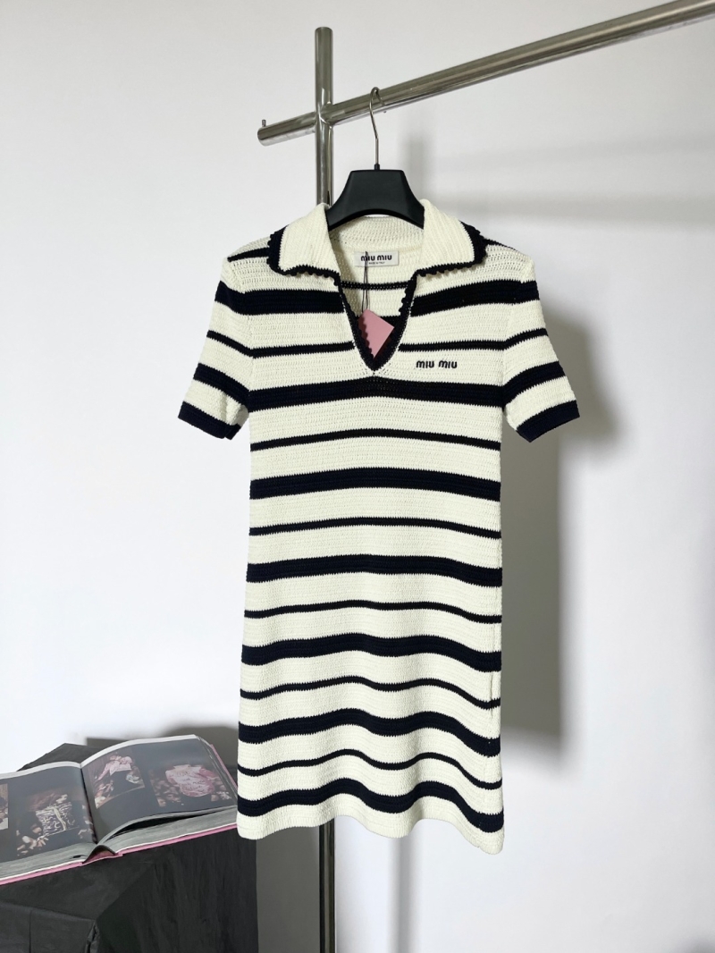 Miu Miu Striped Textured Knit Polo Mini Dress in Ivory and Navy
