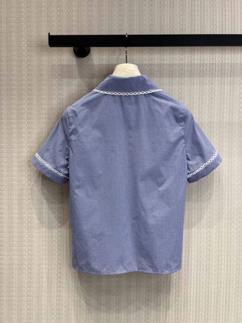 Miu Miu Blue Micro-Check Scalloped Lace Peter Pan Collar Blouse