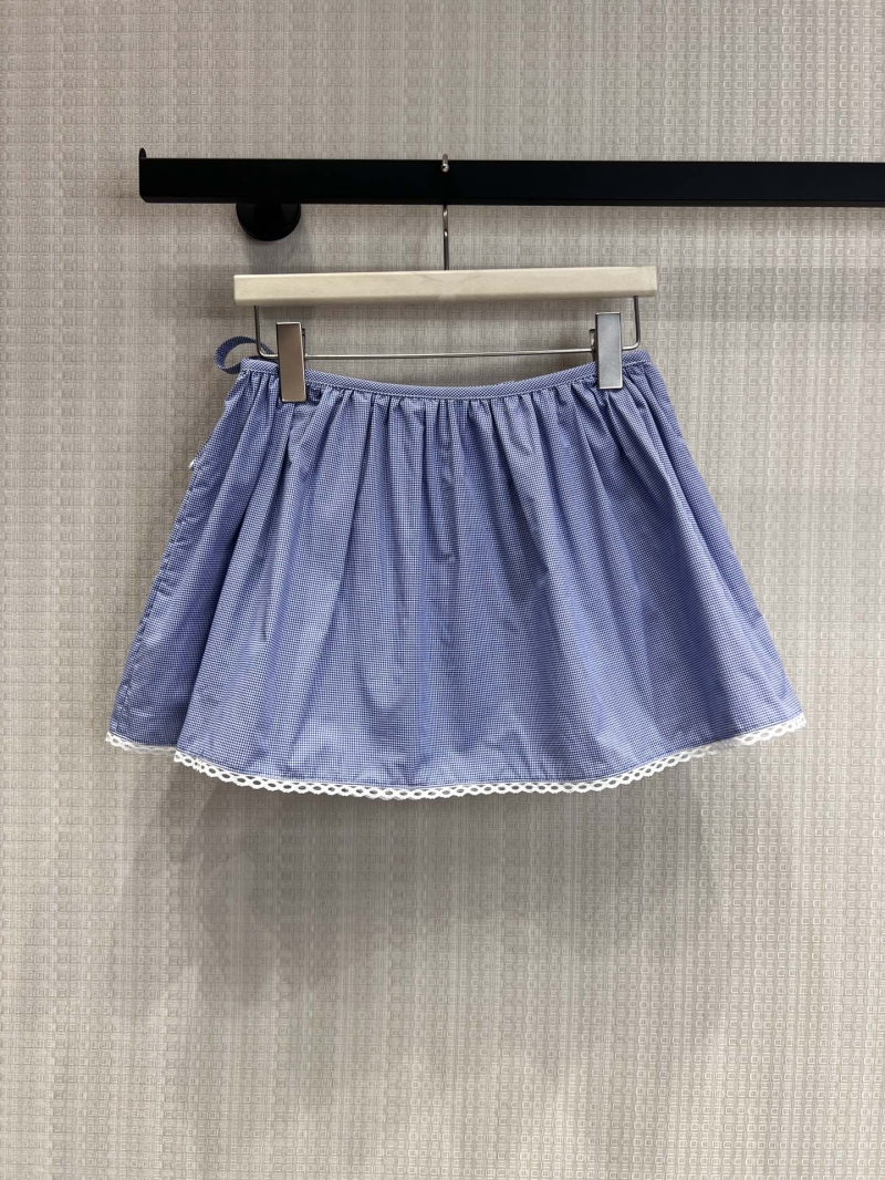 Miu Miu Blue Gingham Lace-Trim Mini Skirt - Exquisite Micro-Check Flared Design