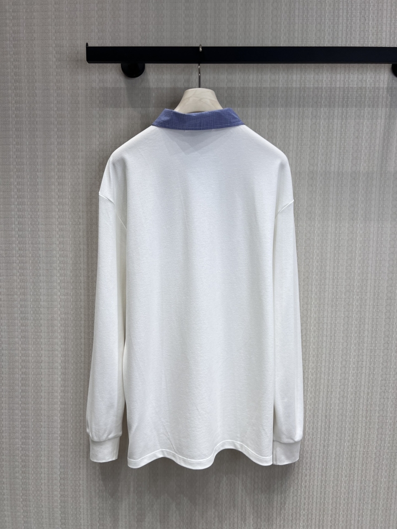 Miu Miu Long-Sleeved Pique Polo Shirt with Gingham Collar - Retro Preppy Oversized Fit in Milk White