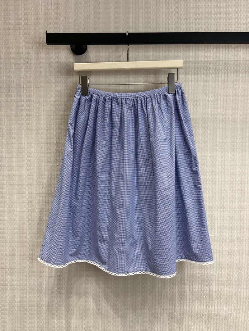 Miu Miu Blue Gingham Scalloped Lace Trim A-Line Skirt