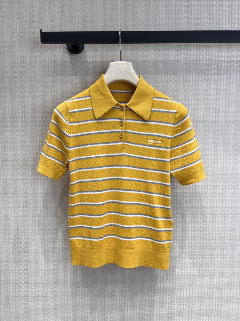 Miu Miu Striped Cotton Knit Polo Shirt in Mustard Yellow