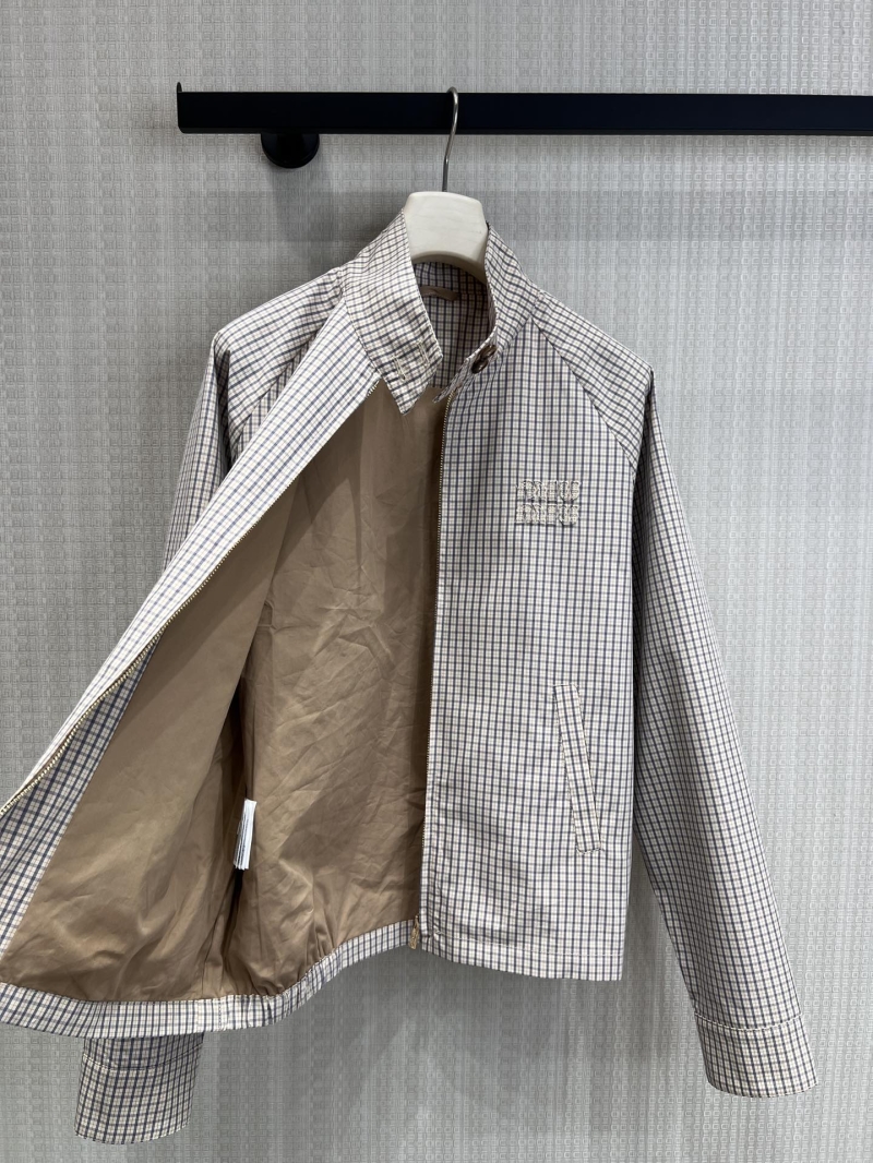 Miu Miu Beige Plaid Short Stand-Up Collar Zip-Up Jacket - Low-Saturation Check with 3D Logo