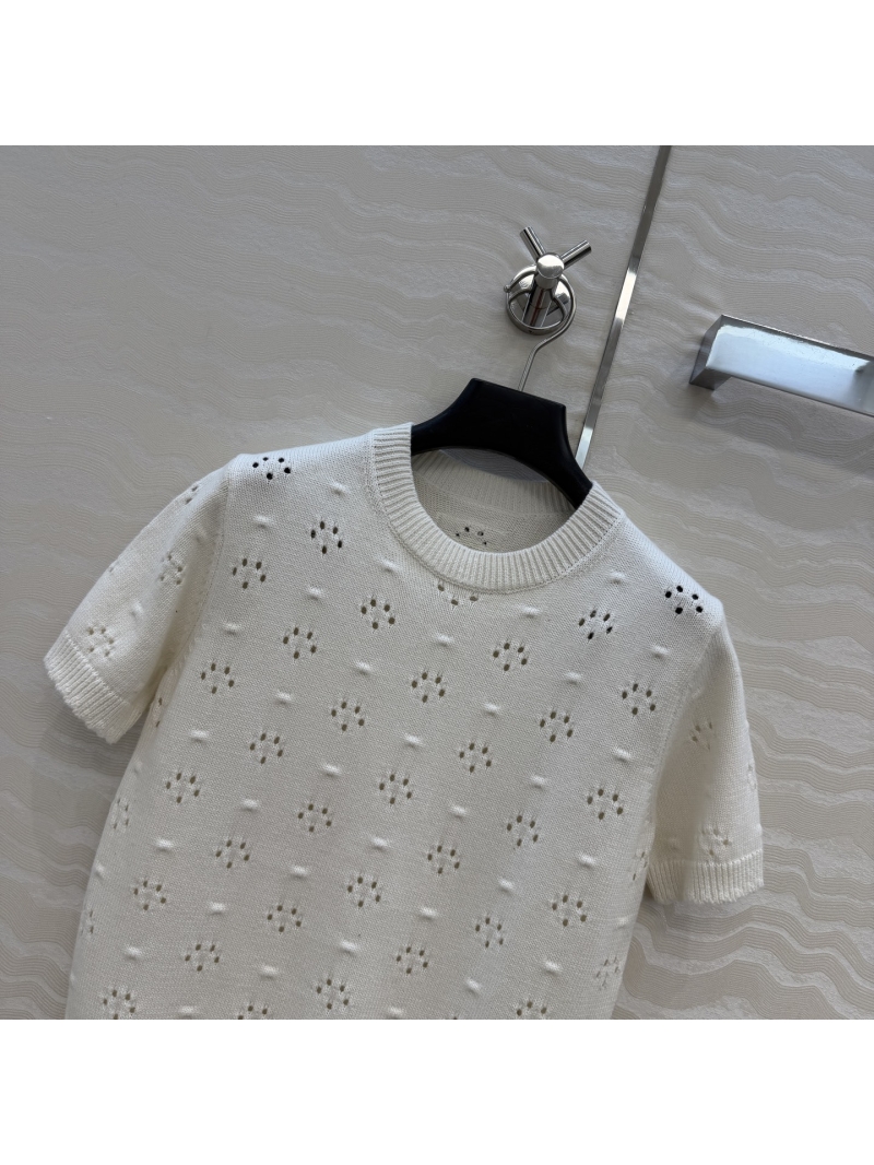 Miu Miu Exquisite 18-Gauge Pure Cotton Pointelle Knit Short-Sleeved Top