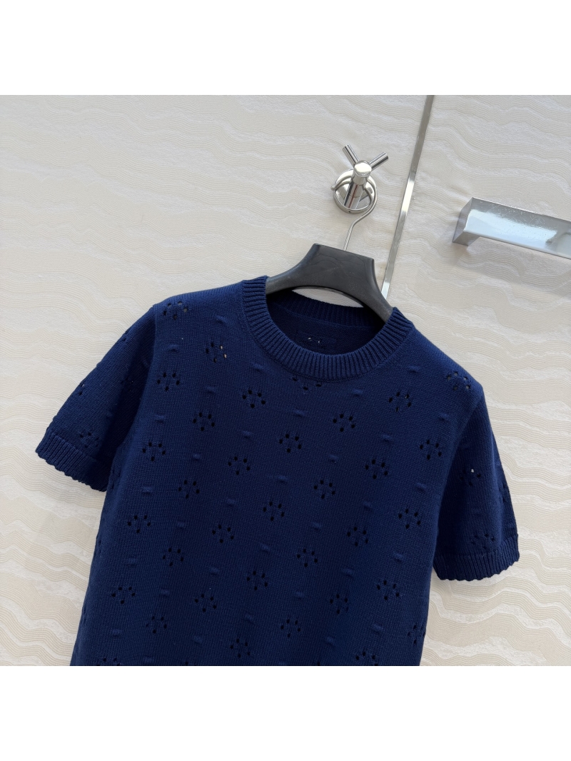 Miu Miu 18-Gauge Pure Cotton Pointelle Knit Short-Sleeve Top in Navy Blue