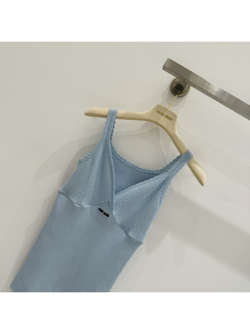 Miu Miu Knitted Crossover Scalloped Camisole in Powder Blue