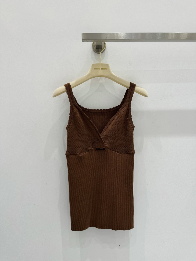 Miu Miu Chocolate Brown Crossover V-Neck Knit Camisole - 18-Gauge Pure Cotton Slim Fit Tank Top