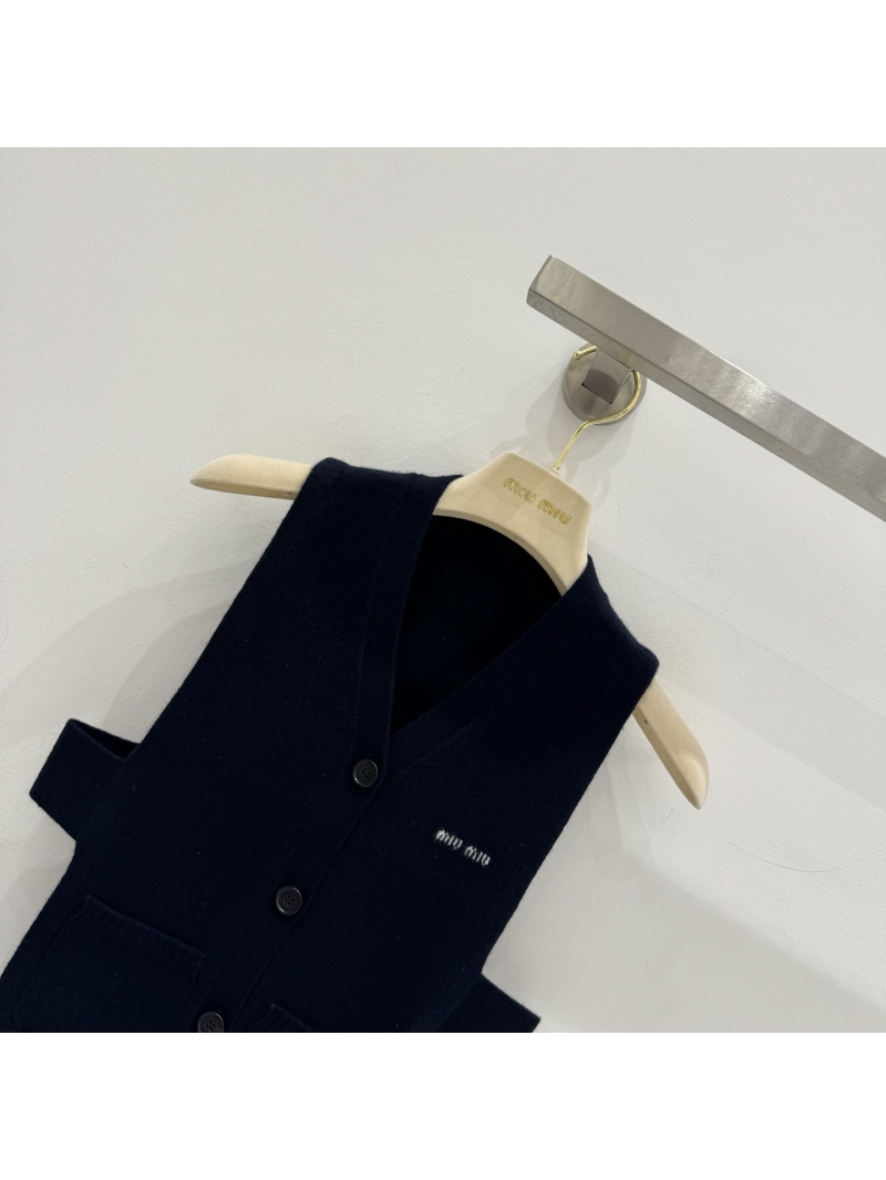 Miu Miu Navy Blue Cashmere Open-Side Knit Waistcoat with Signature Embroidery