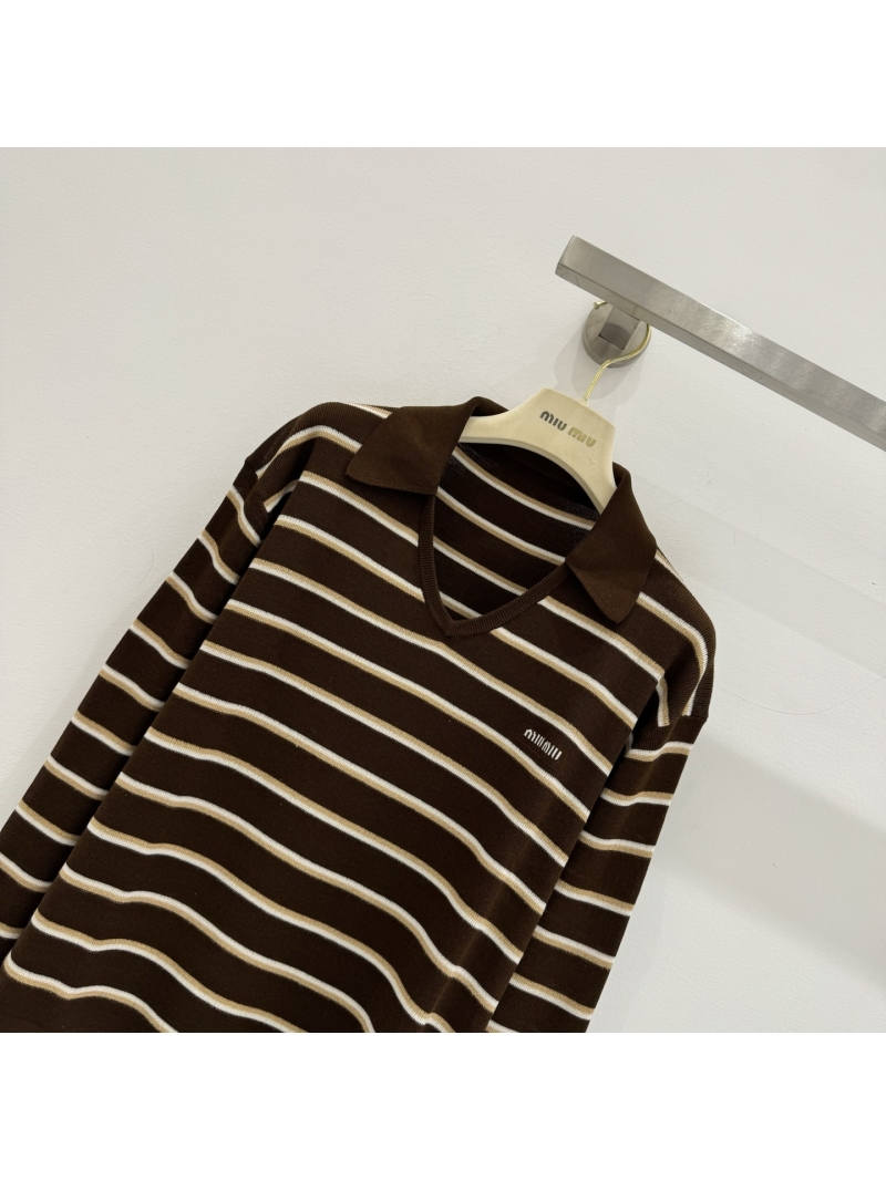 Miu Miu Striped Logo Knit Polo Sweater in Chocolate Brown and Tan