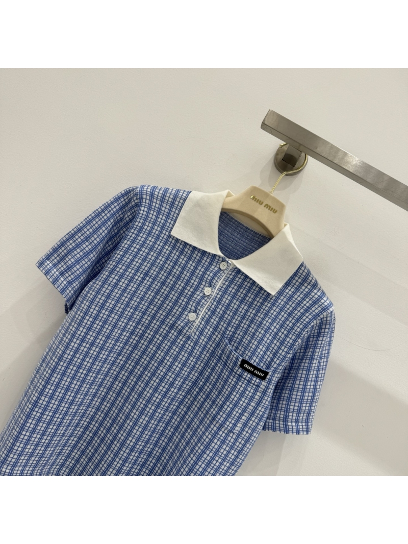 Miu Miu Cashmere and Silk Grid Knit Polo Shirt in Blue and White