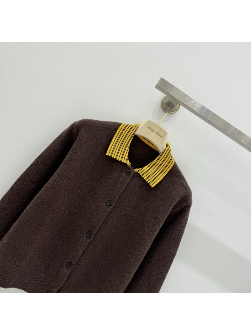 Miu Miu Contrast Striped Collar Cashmere Cardigan - Chocolate Brown