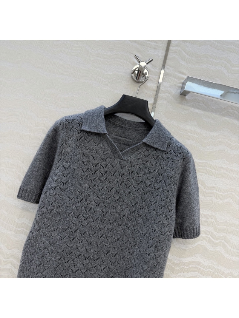 Miu Miu 100% Sheep Cashmere 18-Gauge Pointelle Knit Polo Top in Heather Grey