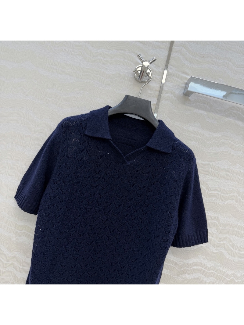 Miu Miu 100% Cashmere Pointelle Knit Polo Top in Navy Blue