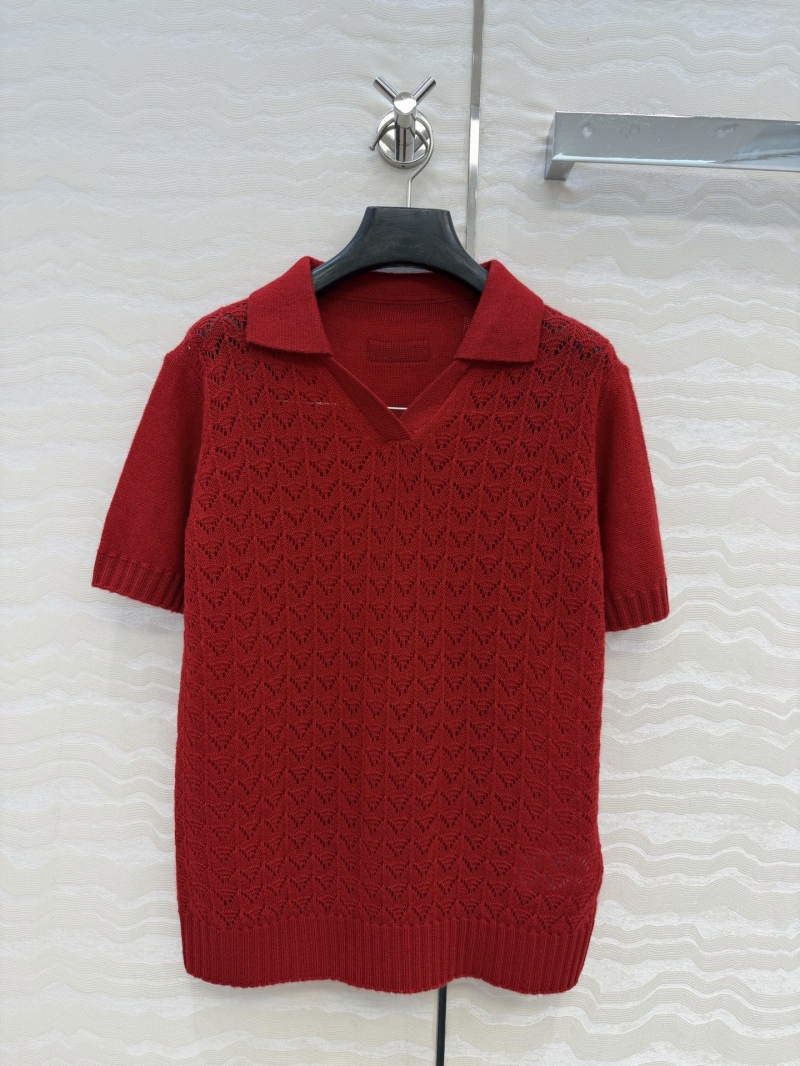 Miu Miu Exquisite 100% Cashmere Pointelle Knit Polo Top in Vibrant Red