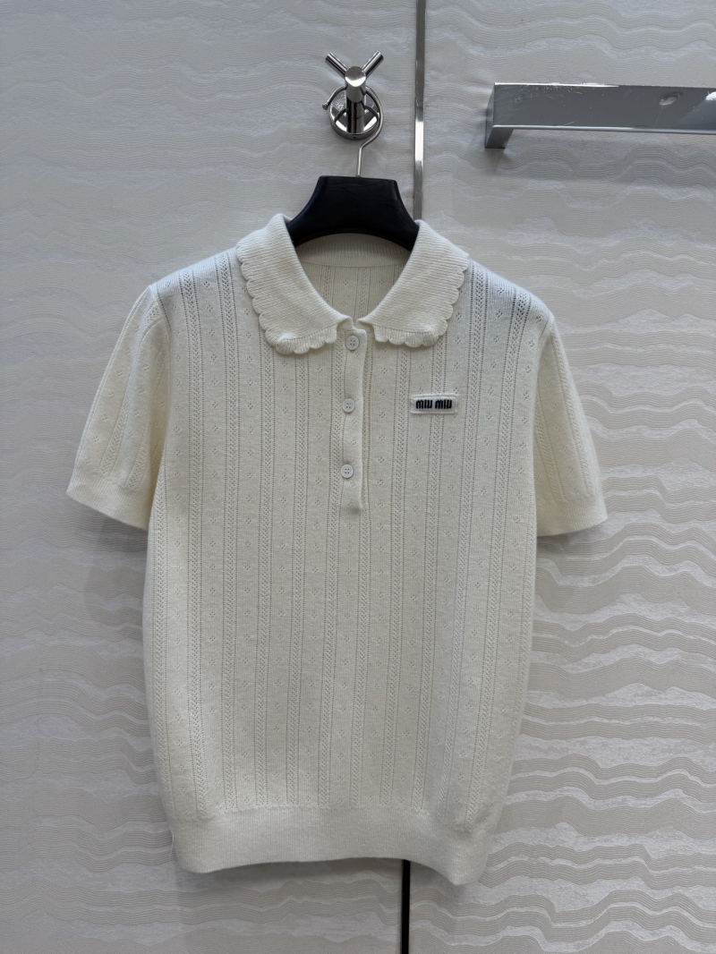 Miu Miu 100% Sheep Wool Scalloped Pointelle Knit Polo Shirt in Cream