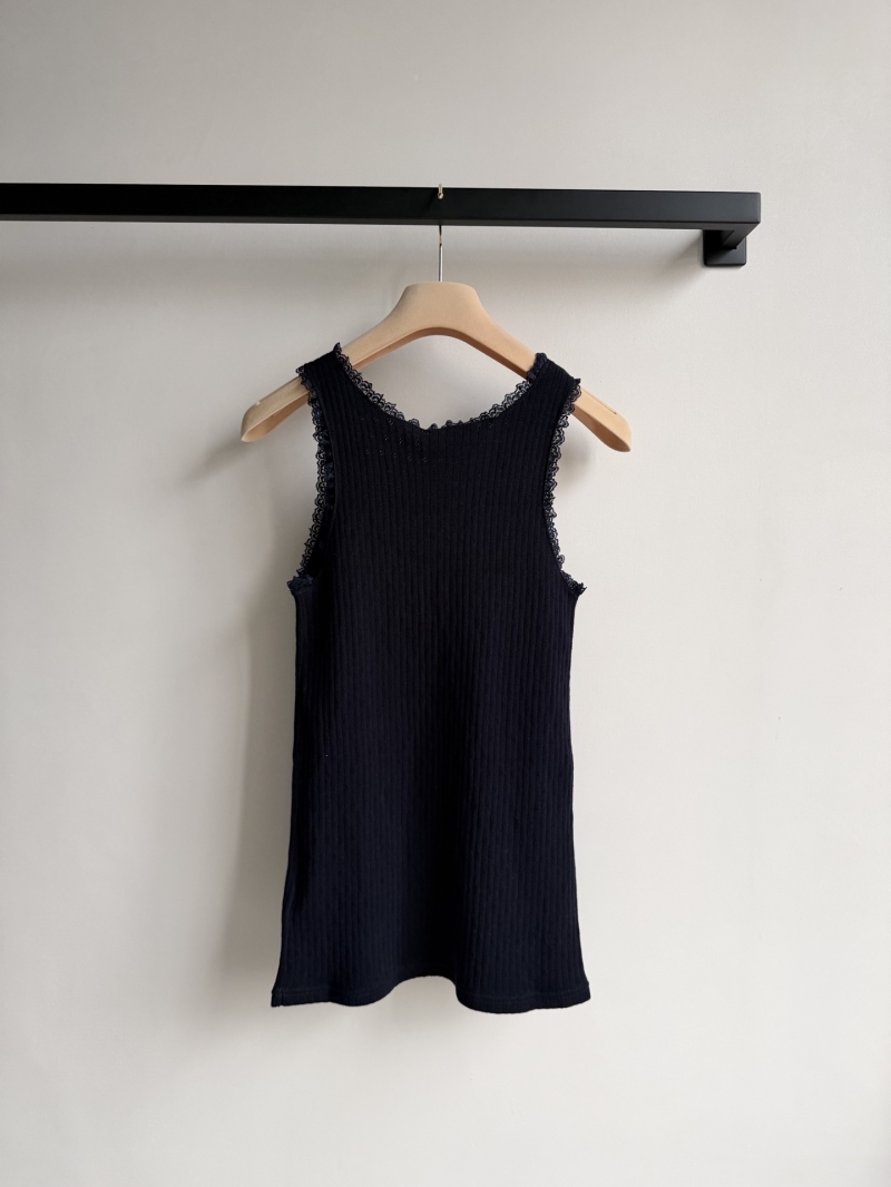 Miu Miu Embroidered Logo Ribbed Knit Tank Top with Lace Trim - Navy Blue