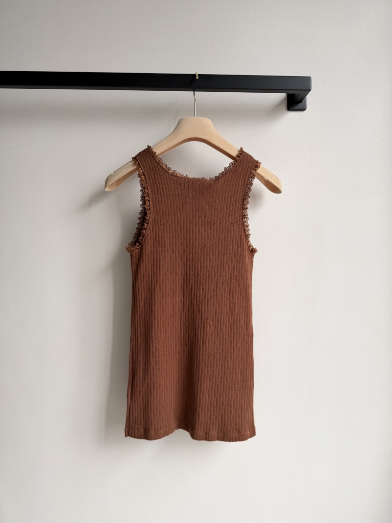 Miu Miu Lace-Trimmed Pointelle Ribbed Knit Tank Top in Terracotta