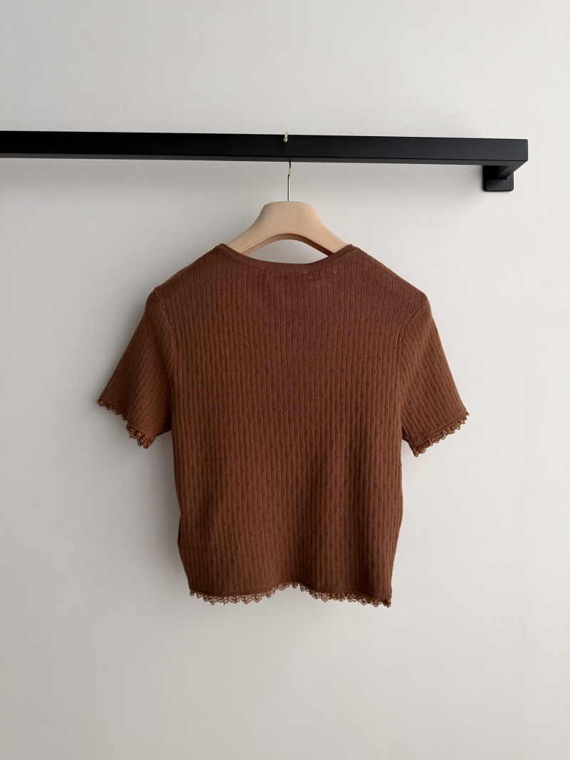 Miu Miu Lace-Trimmed Pointelle Knit Cotton Top in Terracotta Rust