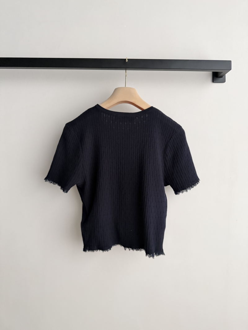 Miu Miu Dark Navy Ribbed Knit Lace Trim Top - Exquisite 16-Needle Cotton Short Sleeve
