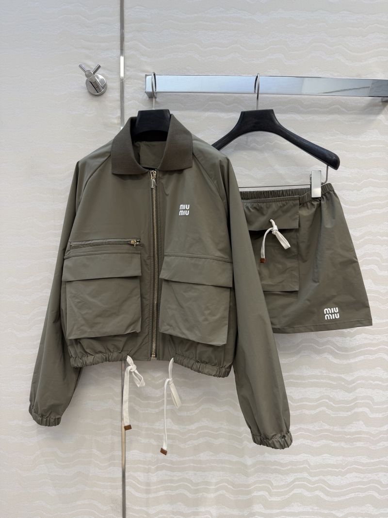 Miu Miu Imported Memory Silk Utility Jacket and Cargo Mini Skirt Set in Olive Green