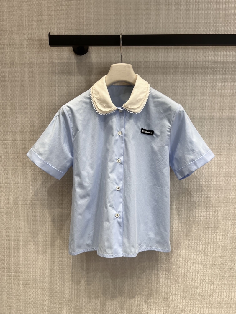Miu Miu Baby Blue Contrast Collar Short-Sleeved Blouse - Exquisite Lace Trim Combed Cotton Blouse