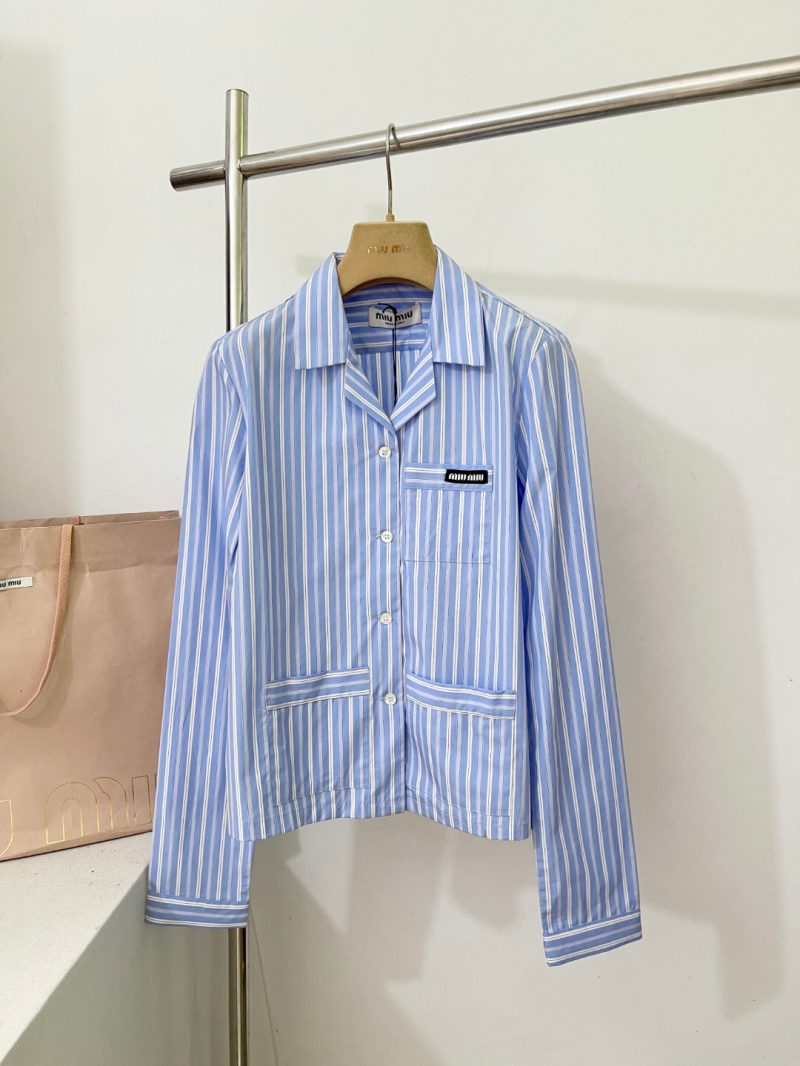 Miu Miu Striped Cotton Poplin Shacket in Light Blue