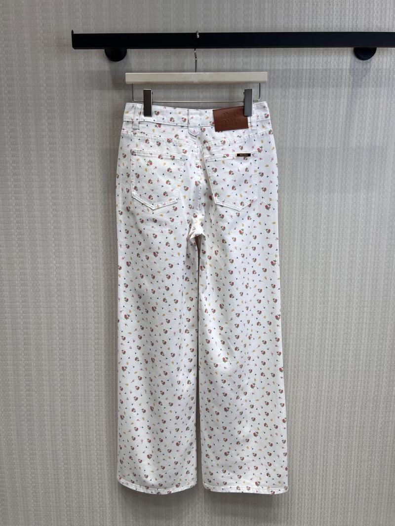Miu Miu Floral High-Waisted Wide-Leg Denim Trousers in Off-White Cream