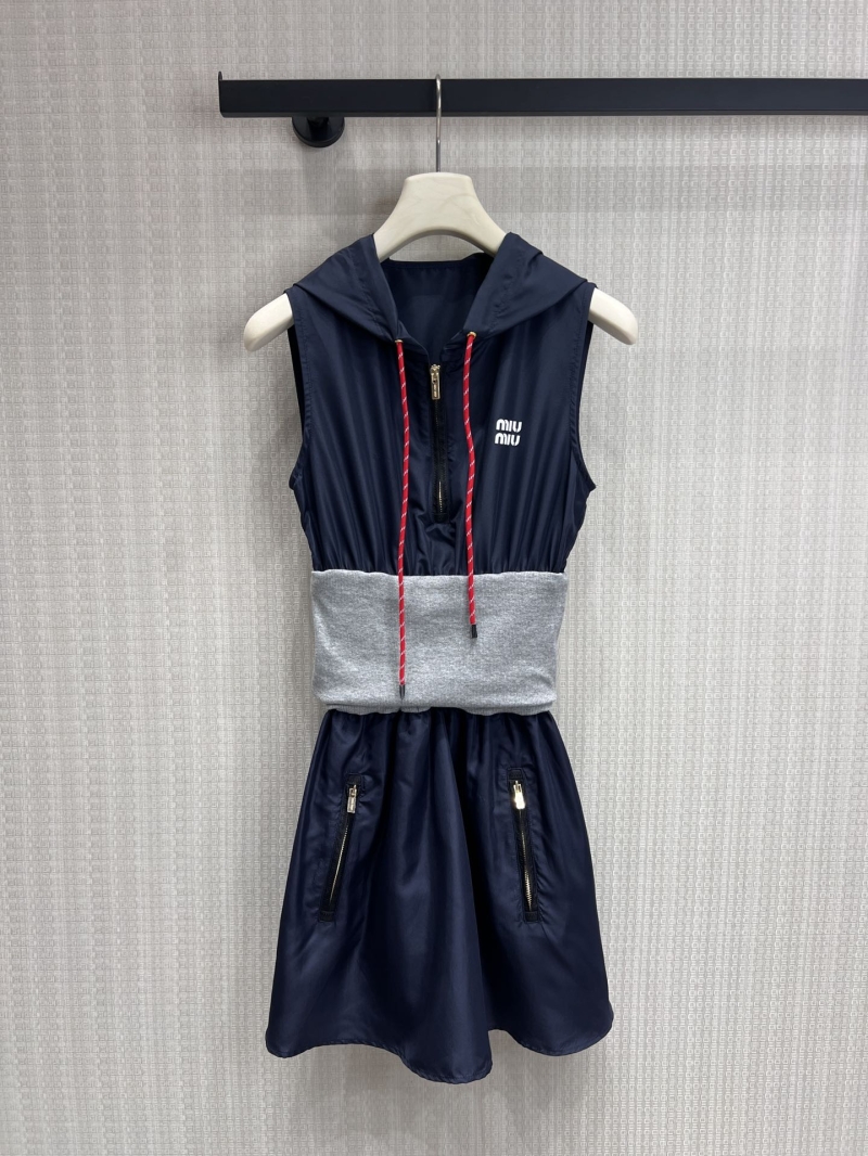 Miu Miu Sleeveless Hooded A-Line Dress in Dark Navy and Heather Grey