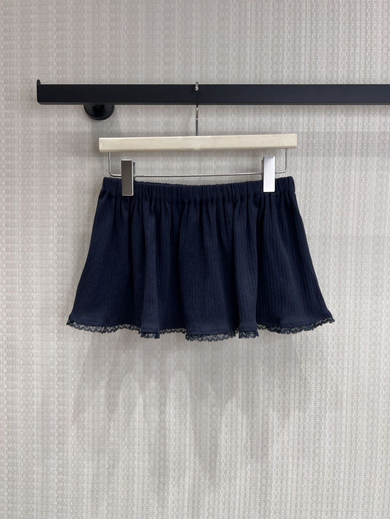 Miu Miu Navy Blue Ribbed Mini Skirt with Delicate Lace Trim