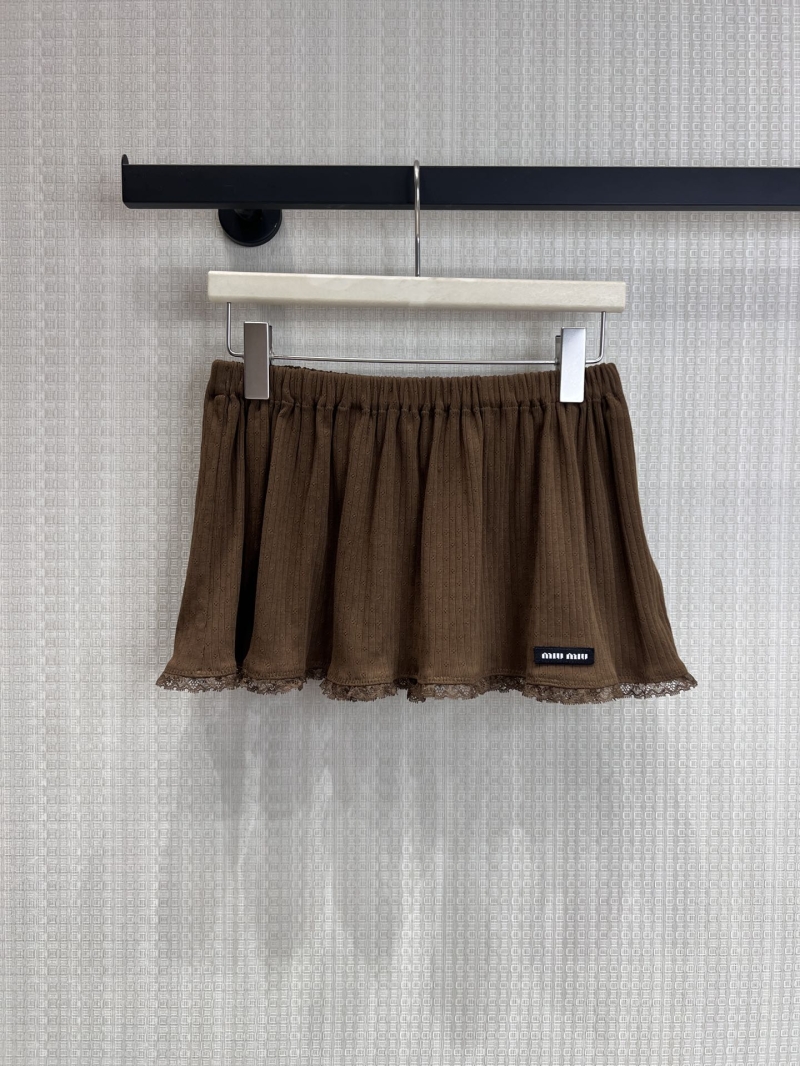Miu Miu Ribbed Knit Pointelle Lace Mini Skirt in Chocolate Brown