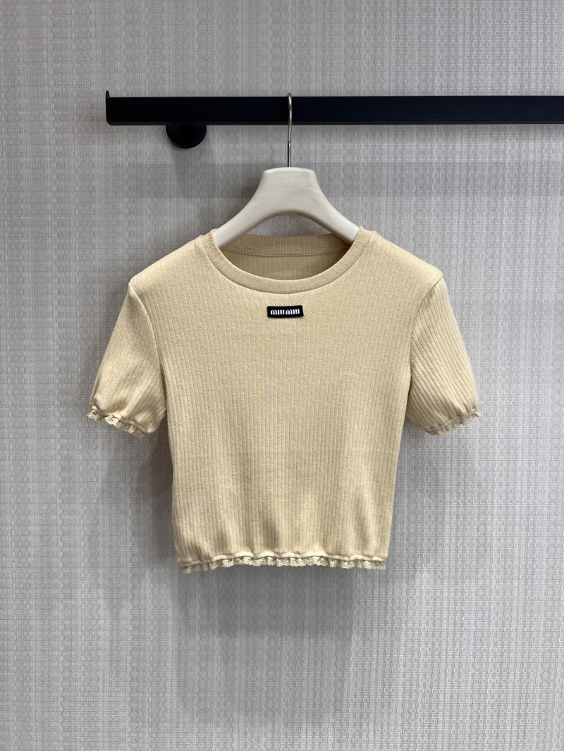 Miu Miu Lace-Trimmed Rib-Knit Cropped Top in Butter Cream