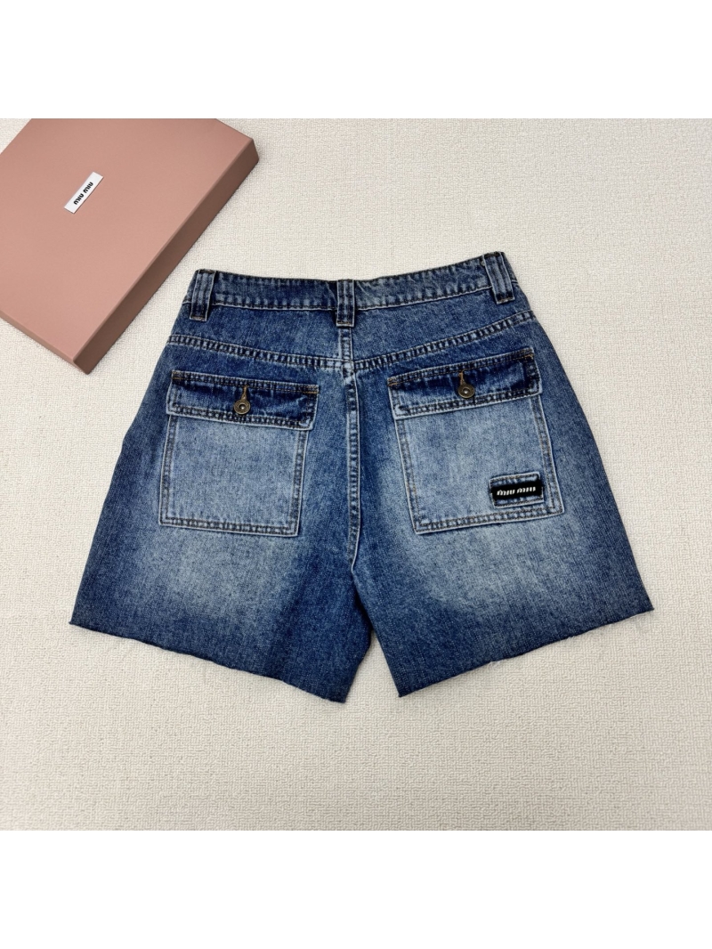 Miu Miu Utility Cargo Denim Shorts in Vintage Blue with Raw Hem and Signature Embroidery